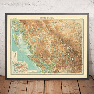 Mappa Antica di Vancouver e della Columbia Britannica di Bartholomew, 1922: Victoria, Montagne Rocciose, Isola di Vancouver, Fiume Fraser 