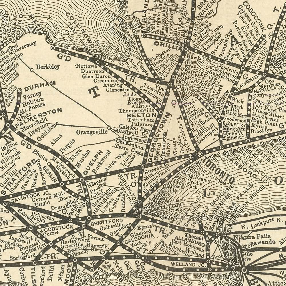 Mapa antiguo de Ontario y los Grandes Lagos, 1898: Toronto, Chicago, las cataratas del Niágara, el río San Lorenzo y Detroit