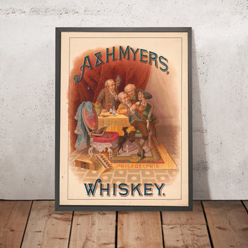 A framed image of A & H. Myers Vintage Whiskey Poster, 1885