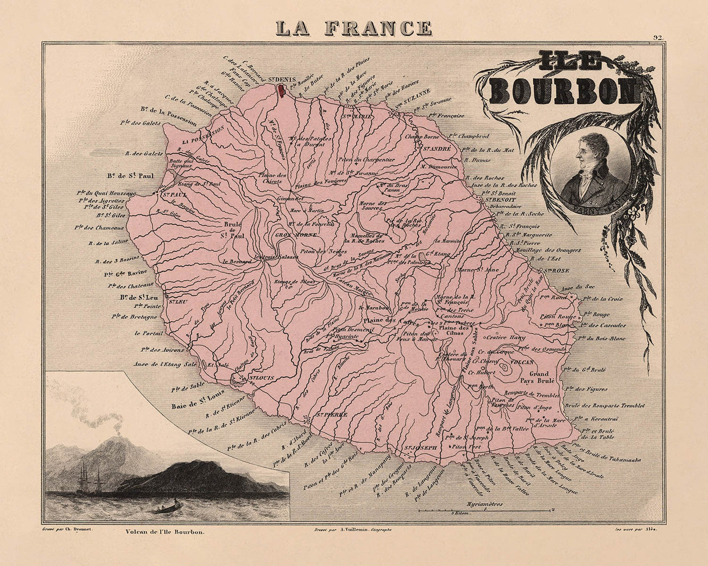Old Map of Réunion Island by Vuillemin, 1869: Volcano, Saint-Denis, Saint-Pierre, Indian Ocean, Sugar Cane