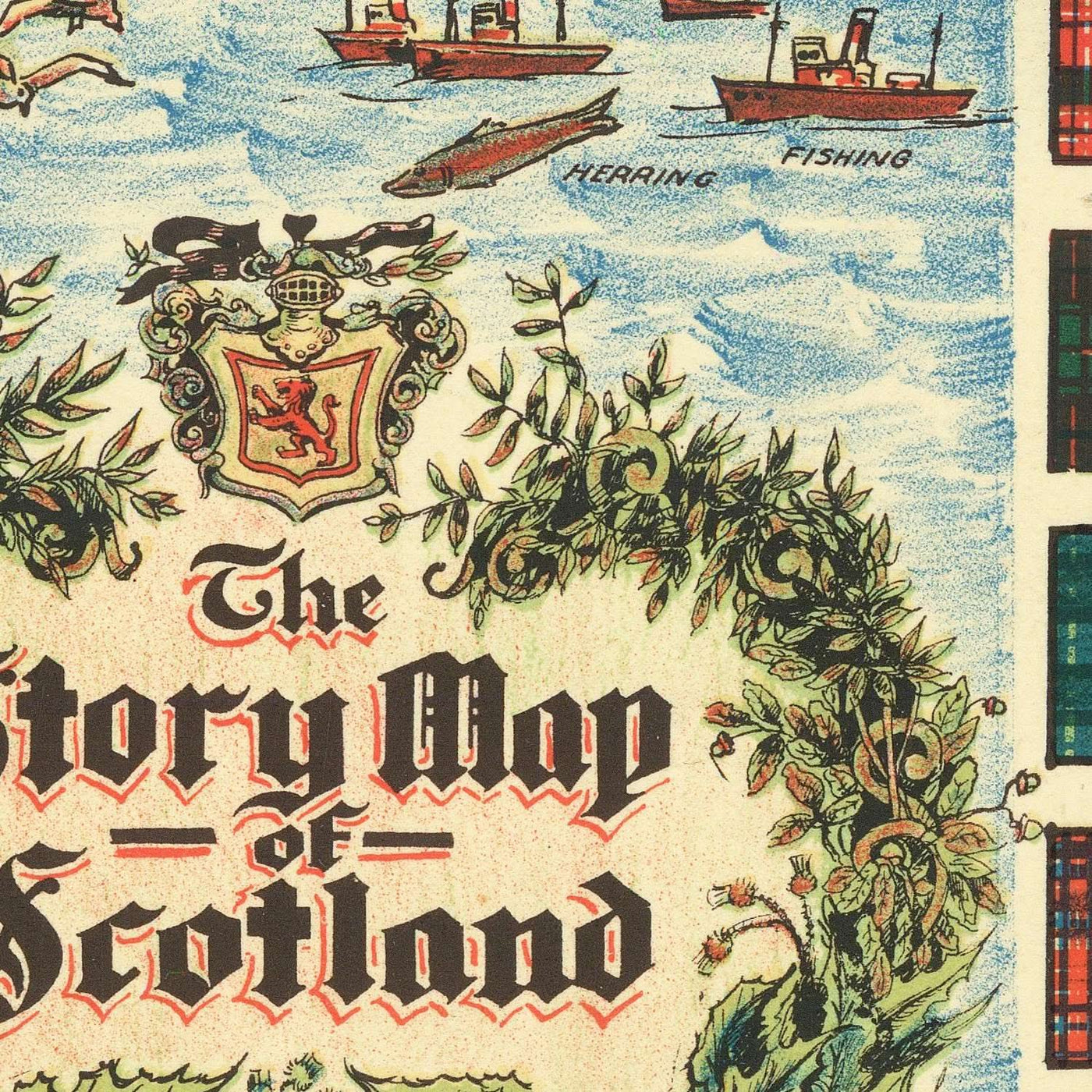 Old Pictorial Map of Scotland, 1935: Edinburgh, Glasgow, Castles, Tartans, Historical Figures