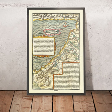 Antigua mapa de Chipre y Tierra Santa por Münster, 1554: Jerusalén, Monte Sinaí, Medina, montes Tauro 
