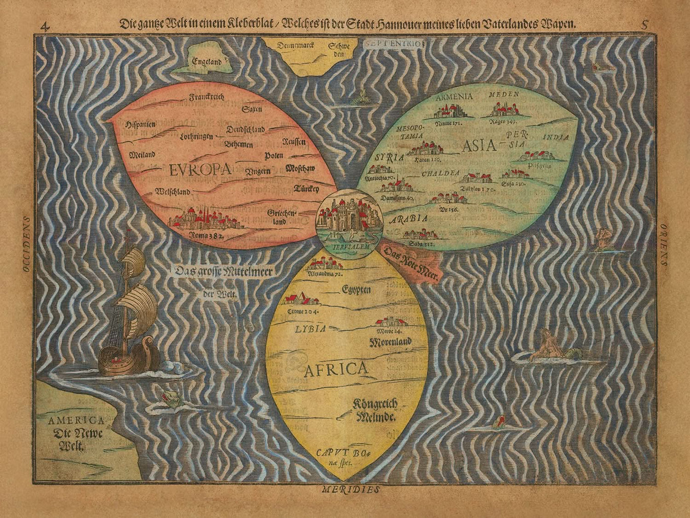 Mapa del Viejo Mundo de la hoja de trébol de Bunting, 1582: Centro de Jerusalén, diseño de trébol, elementos fantásticos