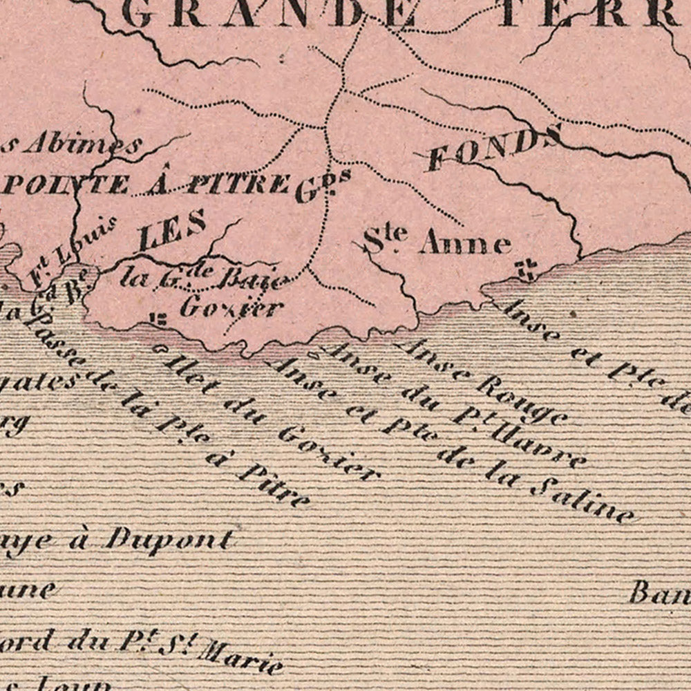 Old Map of Guadeloupe by Vuillemin, 1869: Pointe-à-Pitre, Basse-Terre, Grande-Terre, Marie-Galante, Sugarcane