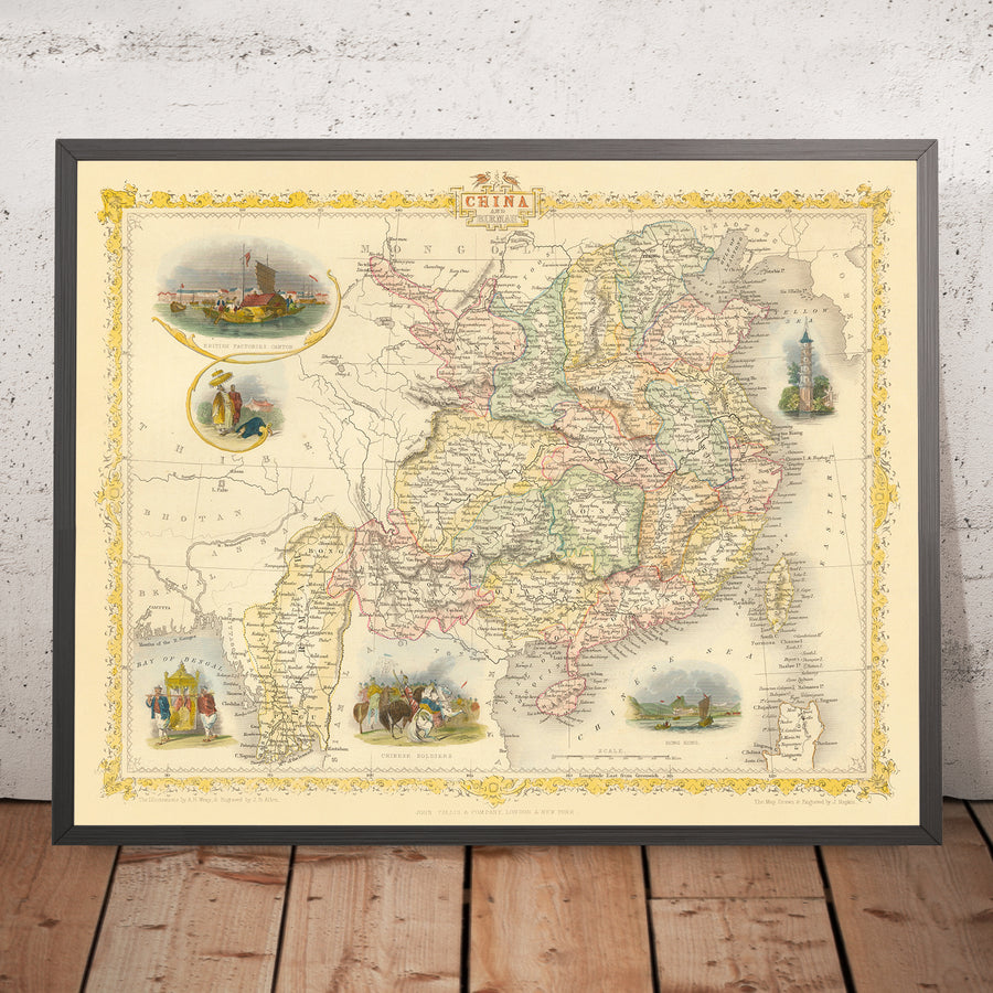 Vieille carte de la Chine et de la Birmanie par Tallis, 1851 : Taïwan, Myanmar, Hong Kong, Grande Muraille, Canton, Yangtsé, Lhassa 