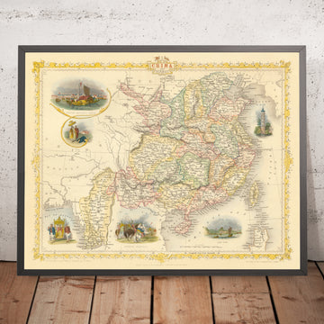 Alte Karte von China und Burma von Tallis, 1851: Taiwan, Myanmar, Hongkong, Große Mauer, Kanton, Yangtze, Lhasa 