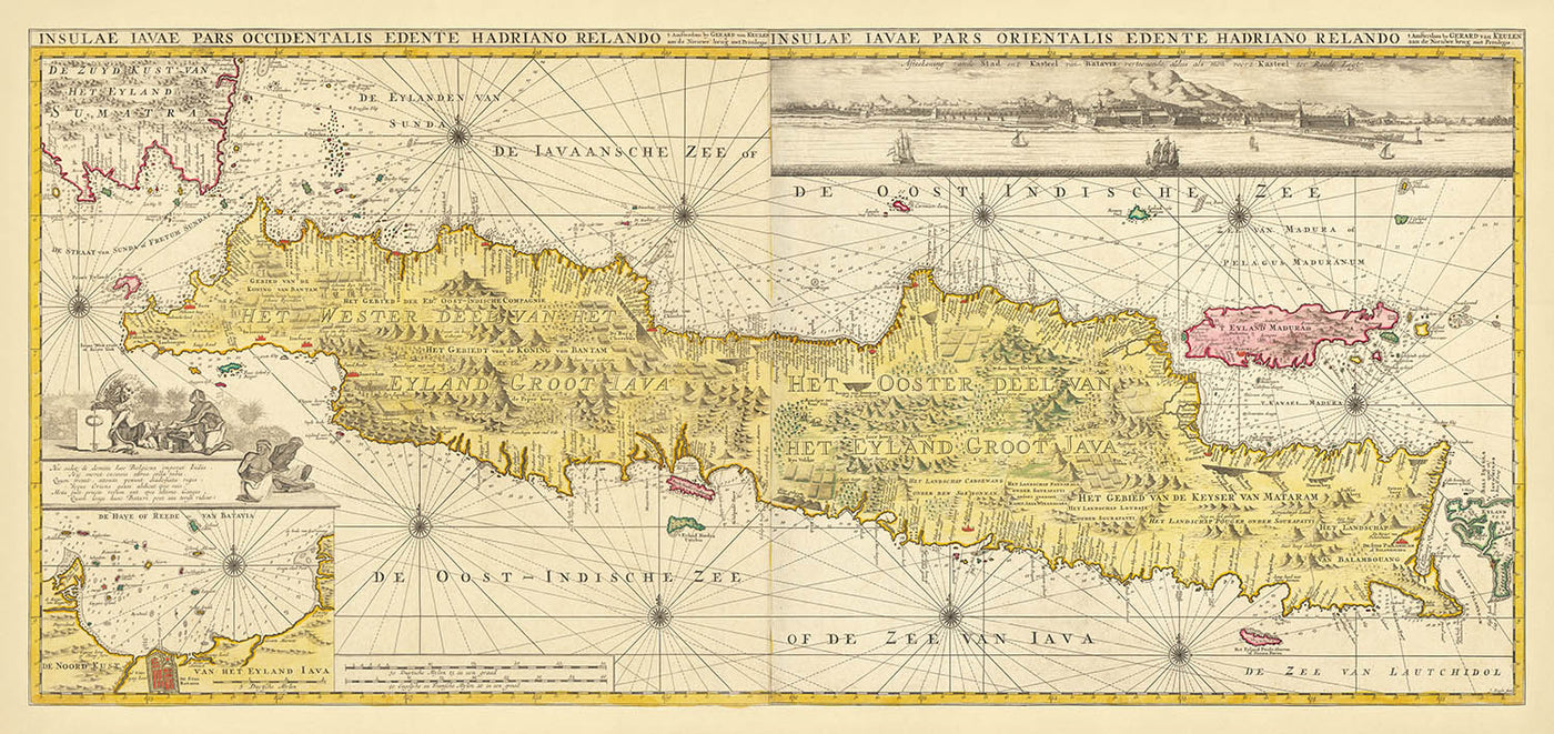 Old Map of Java Island by Van Keulen, 1753: Indonesia, Batavia, Sunda Strait, Sea Chart