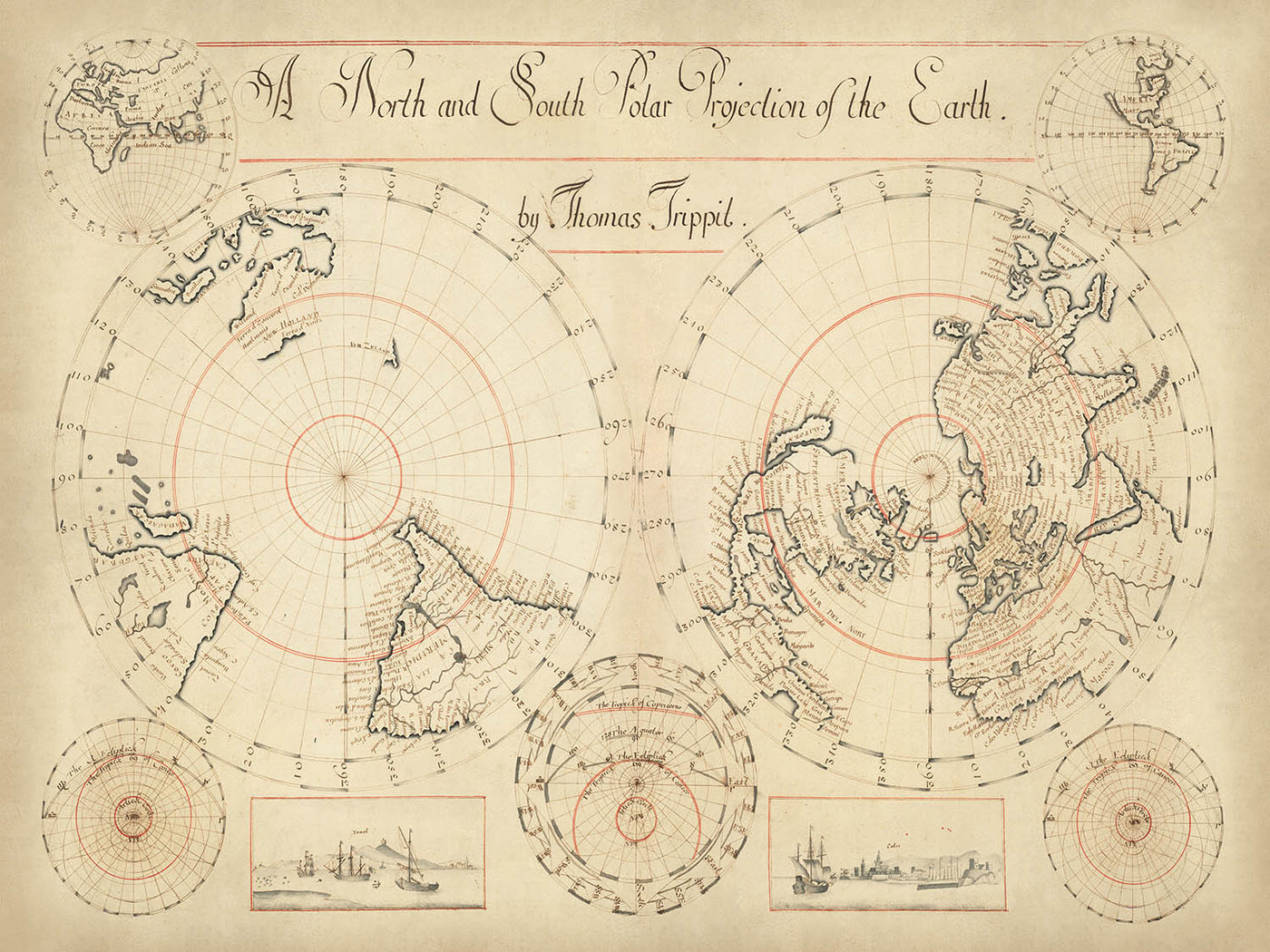 Old Manuscript World Map by Trippit, 1665: Twin Polar Projections, California as Island, Rare Astronomical Diagrams
