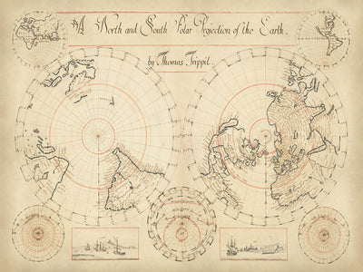 Old Manuscript World Map by Trippit, 1665: Twin Polar Projections, California as Island, Rare Astronomical Diagrams