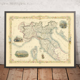 Mapa antiguo del norte de Italia de Tallis, 1851: Venecia, Alpes, Basílica de San Pedro, Lago de Garda 