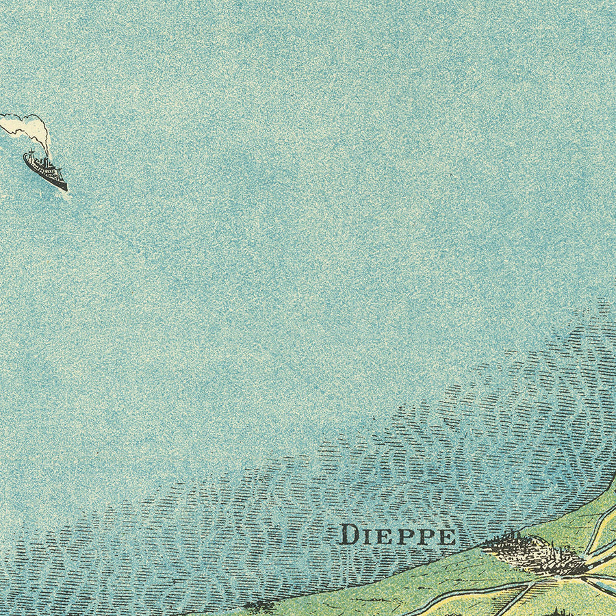 Mappa della vecchia rotta di Londra a Parigi in aereo, 1928: Imperial Airways, Croydon, biplano Handley Page 