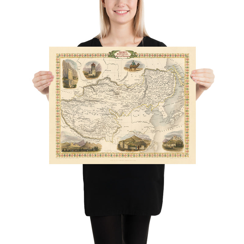 Ancienne carte du Tibet, de la Mongolie et de la Mandchourie par Tallis, 1851 : Lhassa, Pékin, Grande Muraille, Himalaya, Dalaï Lama 