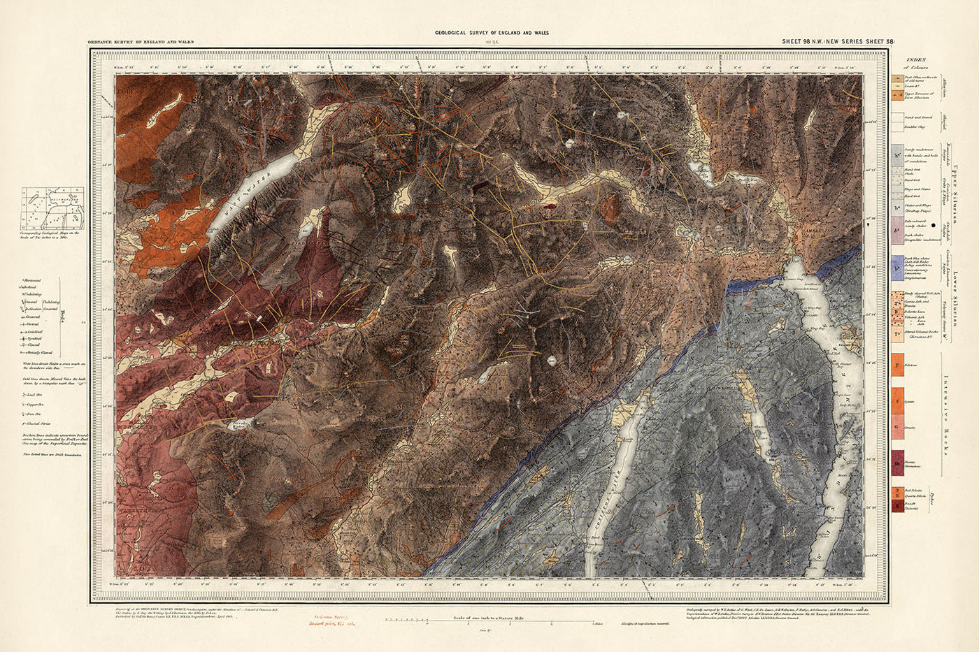 Southern Lake District Geological Map: Lake Windermere, Scaffel Pike, Conniston Water