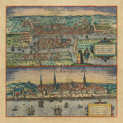 Old Map of Kaliningrad and Riga by Braun & Hogenberg, 1599: Churches, Towers, Ships, Ports, Attire