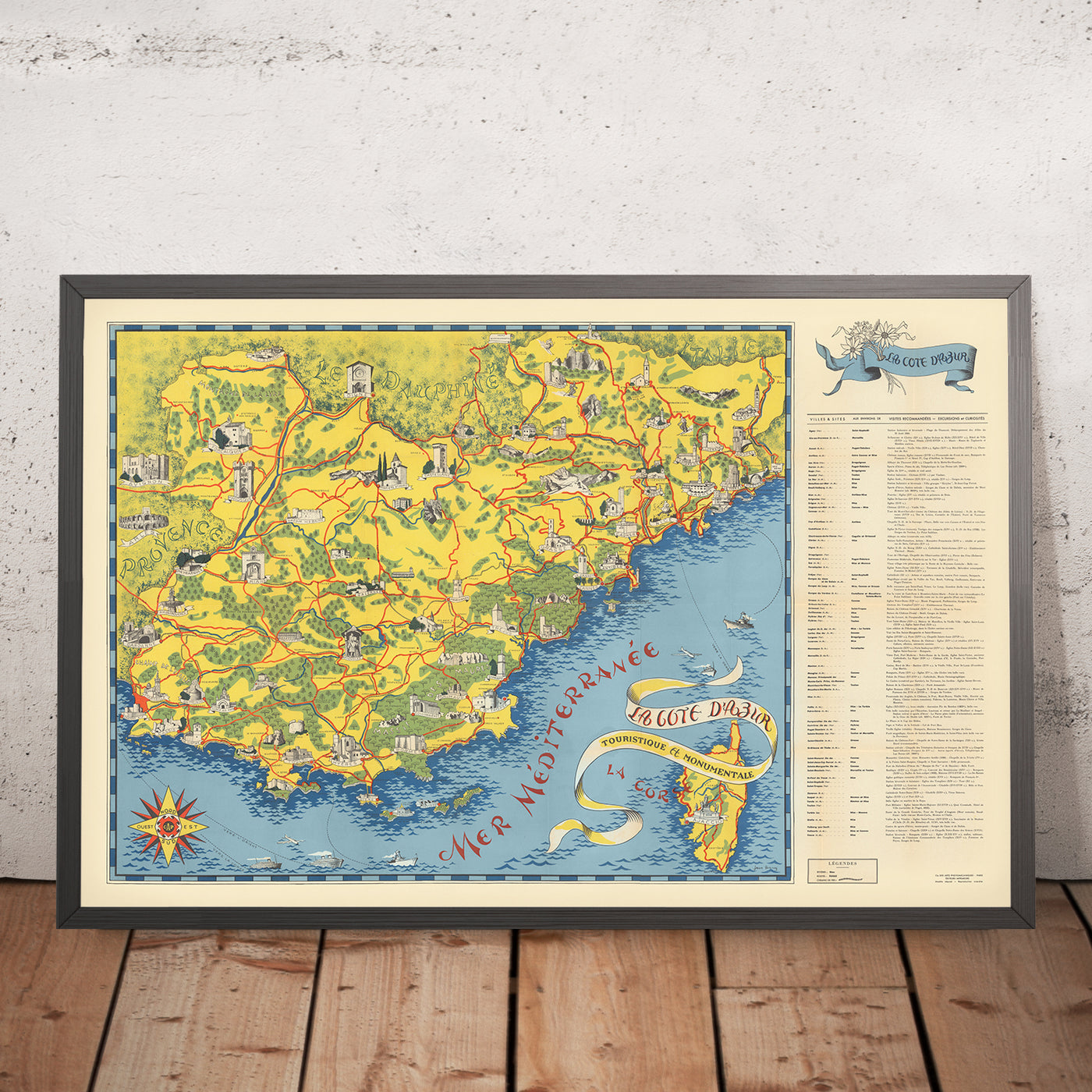 Old Map of Côte d’Azur (French Riviera) by Flornoy Jean, 1950: Nice, Cannes, Monaco, Antibes, Saint-Tropez
