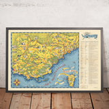 Ancienne carte de la Côte d'Azur (Riviera française) par Flornoy Jean, 1950 : Nice, Cannes, Monaco, Antibes, Saint-Tropez 
