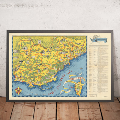 Old Map of Côte d’Azur (French Riviera) by Flornoy Jean, 1950: Nice, Cannes, Monaco, Antibes, Saint-Tropez