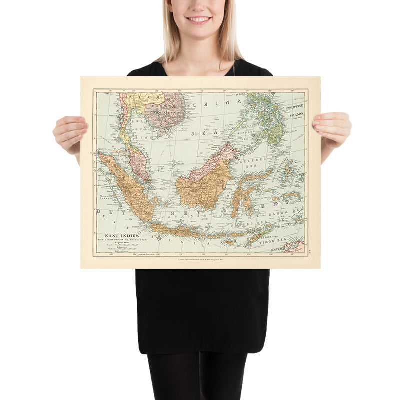 Old Map of the East Indies by Stanford, 1926: Indonesia, Malaysia, Philippines, Railways