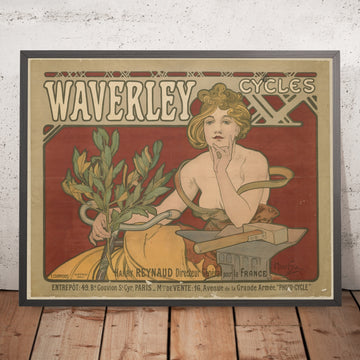 A framed image of Waverley Cycles by Alphonse Mucha, 1897