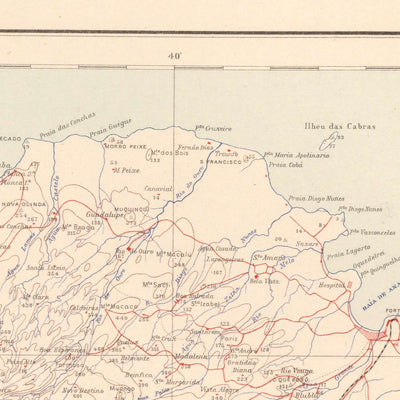 Ancienne carte de São Tomé, 1945 : São Tomé, Neves, Trindade, rivières, montagnes