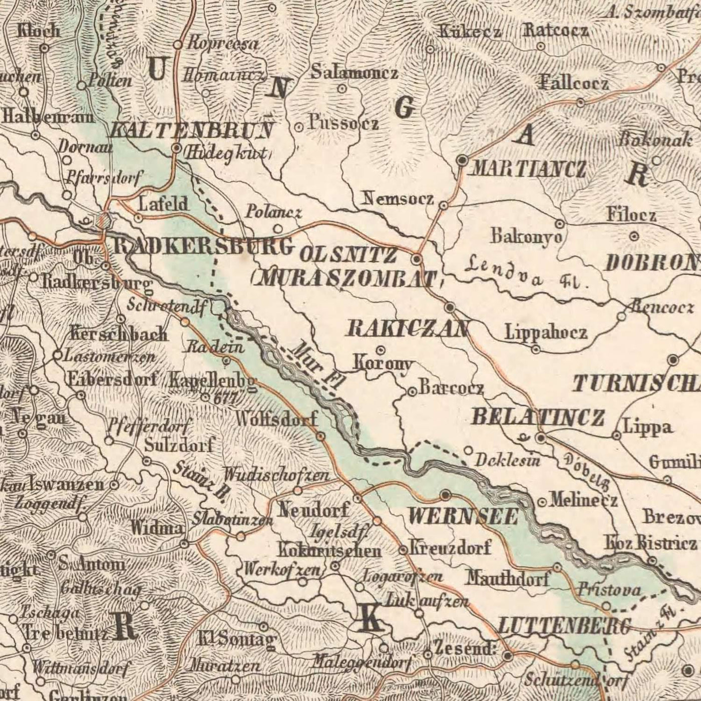 Ancienne carte des Alpes orientales et juliennes par Mayr, 1874 : Trieste, mer Adriatique, montagnes alpines, voies ferrées, hachures