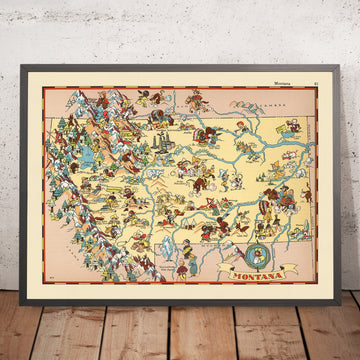 Carte picturale du Montana par Ruth Taylor White, 1935 : Billings, Missoula, parcs nationaux de Yellowstone et Glacier, montagnes Rocheuses, rivière Missouri 