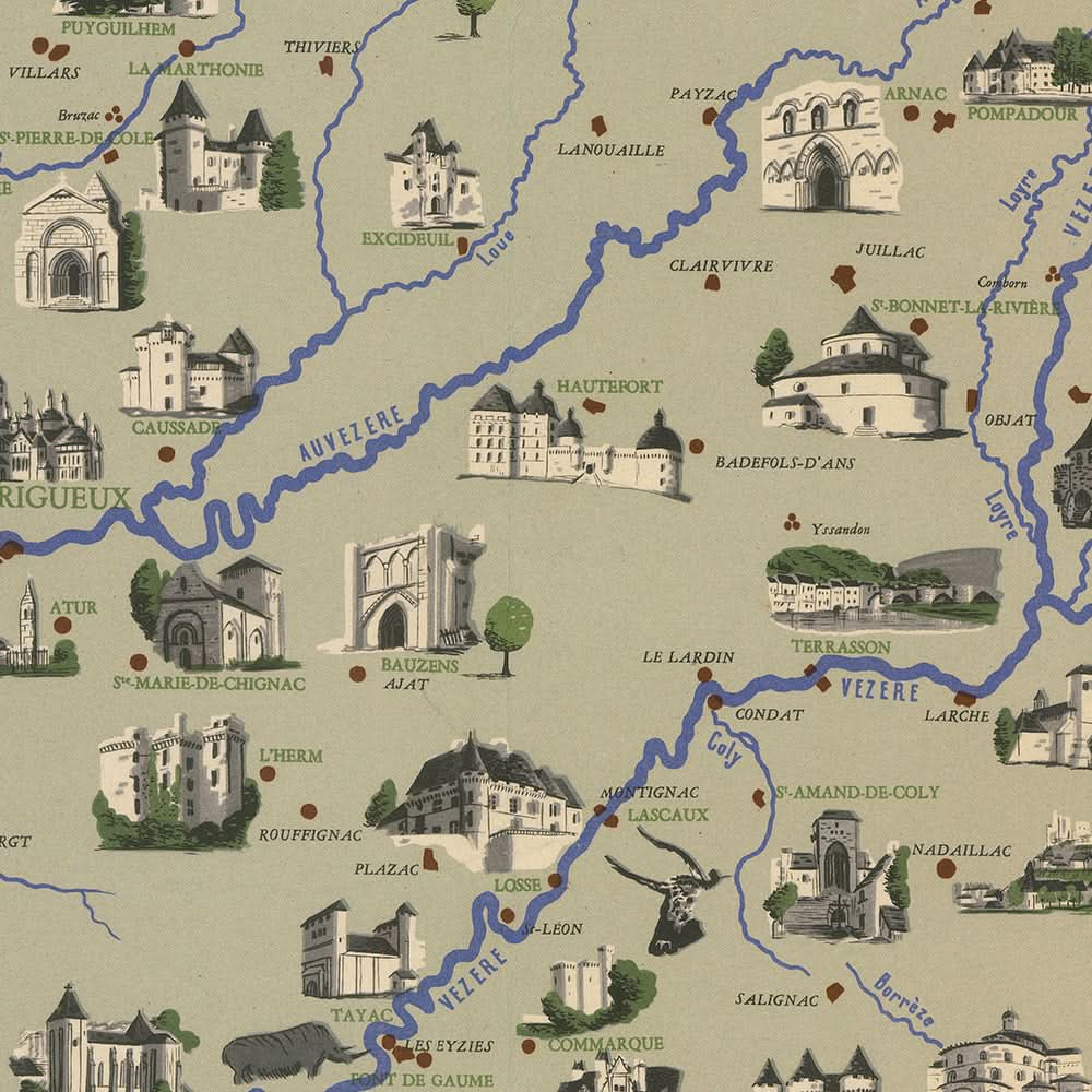 Carte ancienne de la Dordogne par Moles, 1948 : Bordeaux, rivière Dordogne, Tours, monuments, ruines