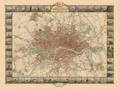 Antiguo mapa ilustrado de Londres por Tallis, 1851: Támesis, Hyde Park, Regent's Park, Westminster, Oxford Street