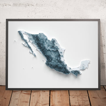 A framed image of a 3D style topographic relief map ofMexico