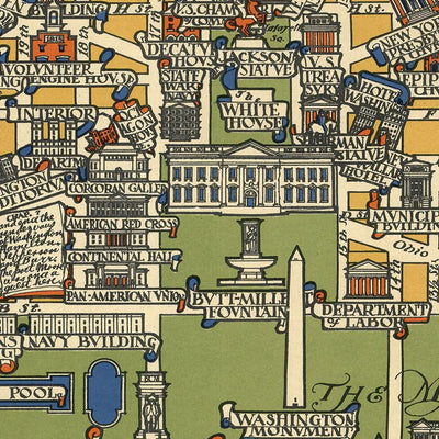 Mapa ilustrado antiguo de Washington DC realizado por Olsen, 1926: Casa Blanca, Capitolio, Monumento a Lincoln, Georgetown, The Mall