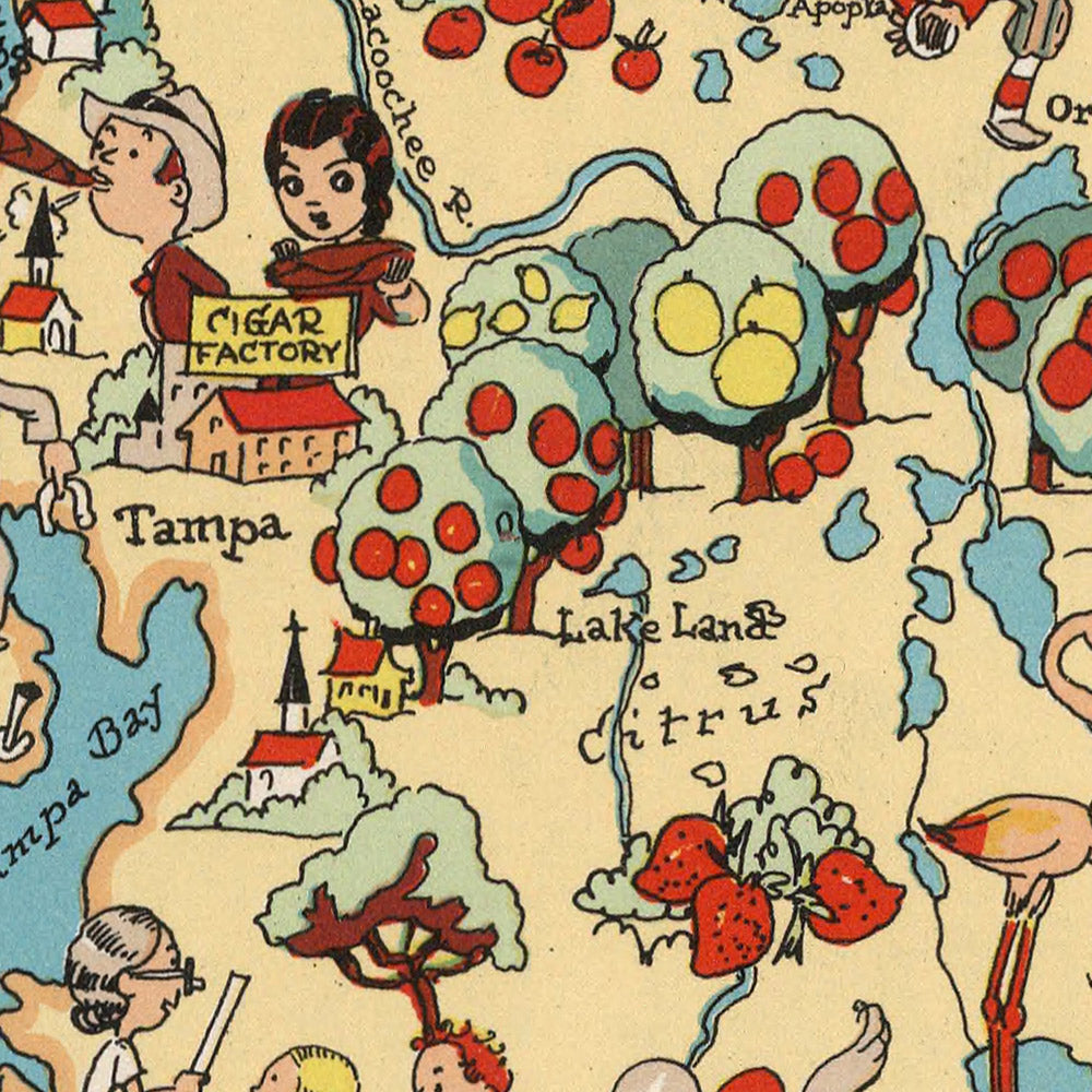 Pictorial Map of Florida by Ruth Taylor White, 1935: Everglades, Miami, Orlando, Keys, Citrus Groves