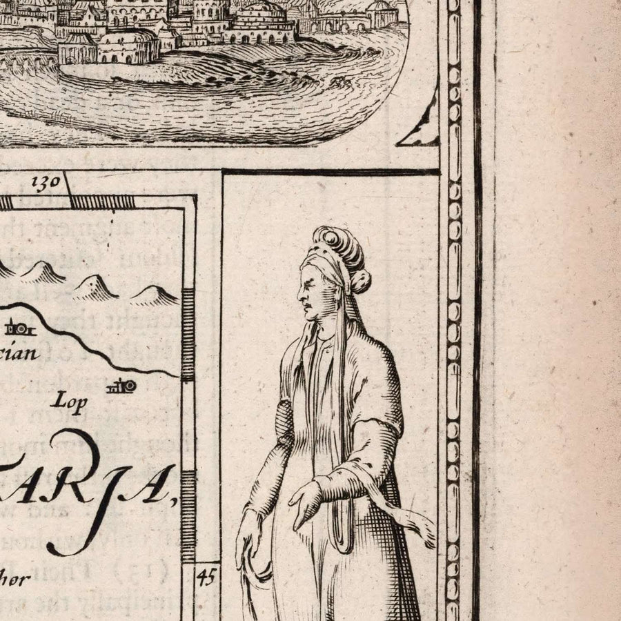 Vecchia mappa monocromatica della Persia di Speed, 1676: Iran, Isfahan, Mare Caspio, Golfo Persico, Shiraz, Tabriz 