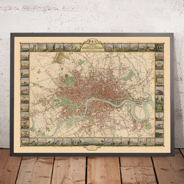 Rara Vecchia Mappa Illustrata di Londra di Tallis, 1851 con 50 Vista della Città 