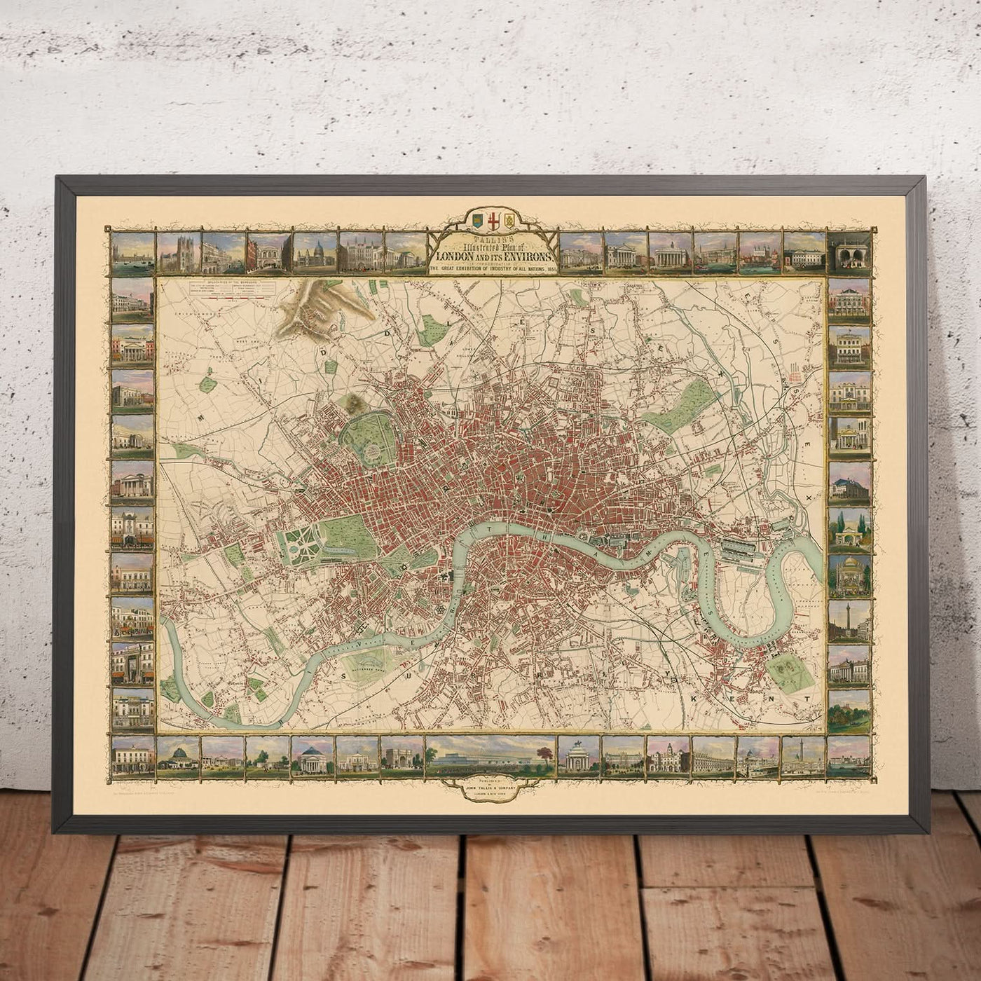 Antiguo mapa ilustrado de Londres por Tallis, 1851: Támesis, Hyde Park, Regent's Park, Westminster, Oxford Street