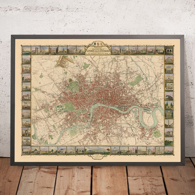 Antiguo mapa ilustrado de Londres por Tallis, 1851: Támesis, Hyde Park, Regent's Park, Westminster, Oxford Street