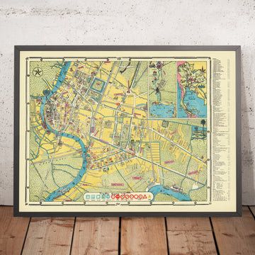 Mappa antica di Bangkok, 1954: Chao Phraya, Wat Arun, Palazzo Reale, Dusit, Parco Lumphini 