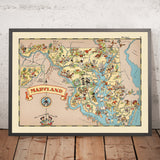 Carte picturale du Maryland par Ruth Taylor White, 1935 : Baltimore, Annapolis, la baie de Chesapeake, le fleuve Potomac, les montagnes Appalaches 
