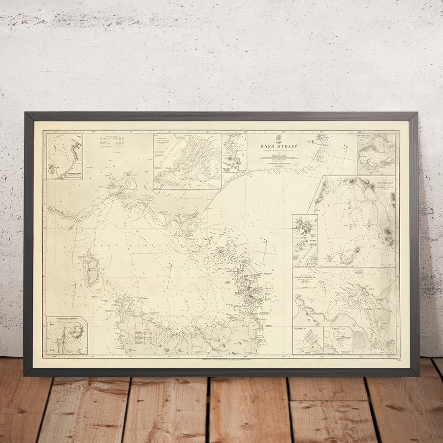 Ancienne carte nautique du détroit de Bass par Stokes, 1844 : Australie, Tasmanie, Port Dalrymple, Île King 
