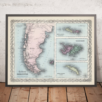 Old Map of Patagonia by Colton, 1865: Falklands, South Georgia, South Orkney Isles
