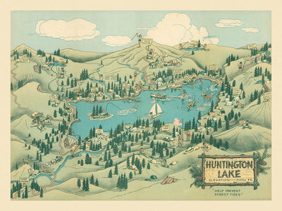 Mapa ilustrado antiguo del lago Huntington realizado por Jones en 1940: Kaiser Peak, Twin Lakes, campamentos, senderos, prevención de incendios