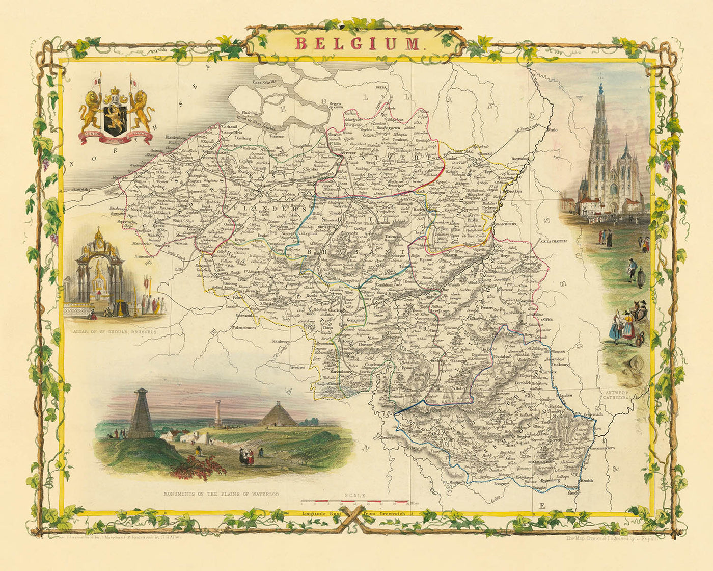 Old Map of Belgium by Tallis, 1851: Brussels, Antwerp, Ghent, Waterloo, Antwerp Cathedral