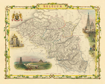 Old Map of Belgium by Tallis, 1851: Brussels, Antwerp, Ghent, Waterloo, Antwerp Cathedral