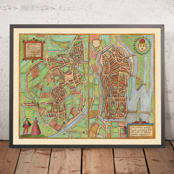 Antica mappa di Autun e Nevers di Braun e Hogenberg, 1581: Mura cittadine, Cattedrali, Palazzo Ducale, fiumi Loire e Arroux, Ponti 