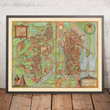 Mapa antiguo de Autun y Nevers de Braun & Hogenberg, 1581: Murallas de la ciudad, catedrales, palacio ducal, ríos Loira y Arroux, puentes 