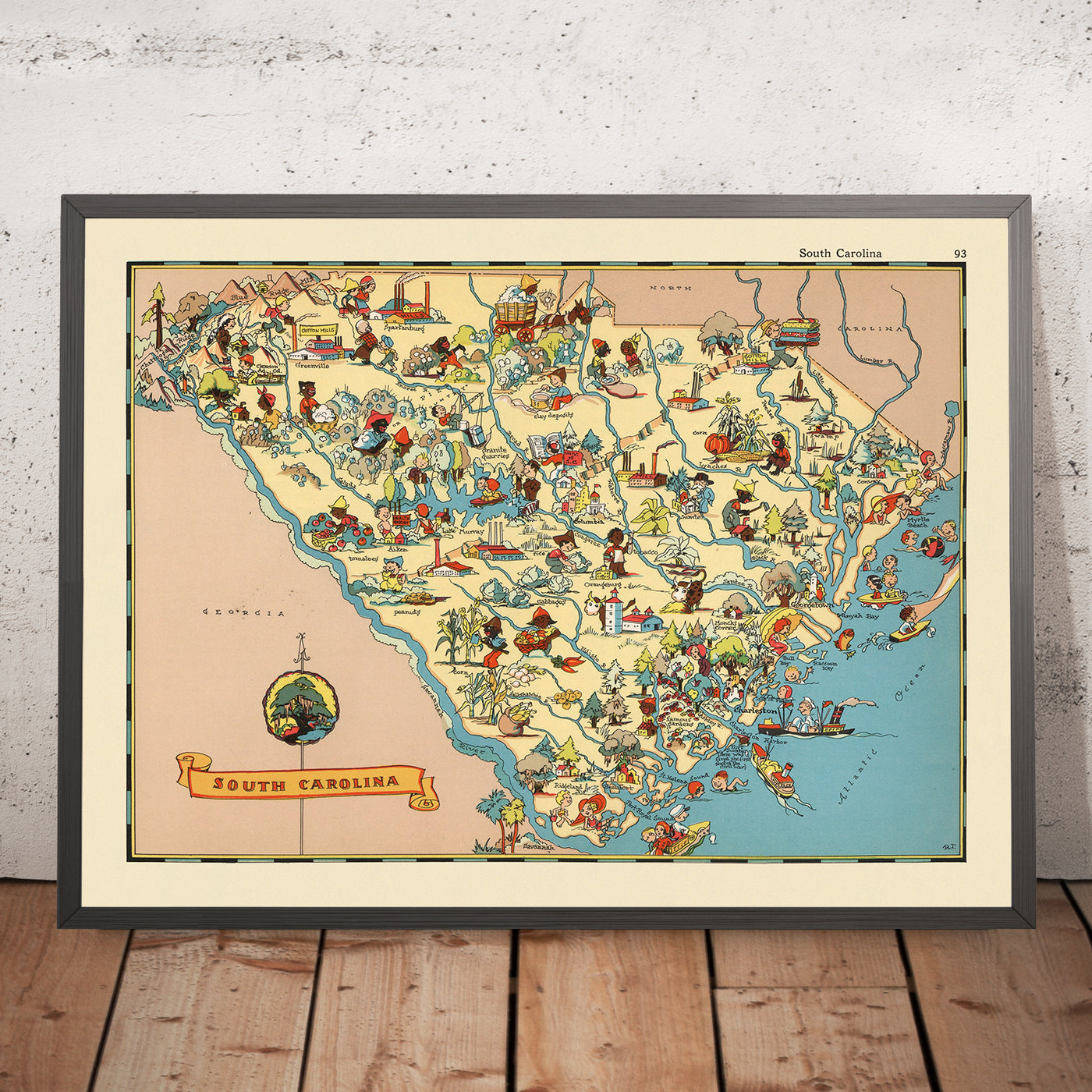 Pictorial Map of South Carolina by Ruth Taylor White, 1935: Columbia, Charleston, Greenville, Atlantic Coast, County Borders