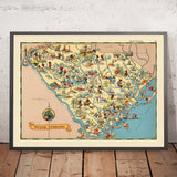 Bildliche Karte von South Carolina von Ruth Taylor White, 1935: Columbia, Charleston, Greenville, Atlantikküste, Landkreisgrenzen 
