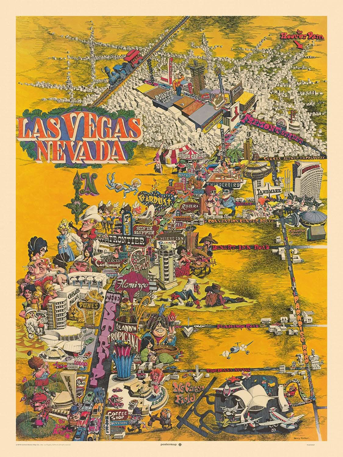 Ancienne carte illustrée de Las Vegas par Hinton, 1970 : le Strip, le Caesars Palace, le Circus Circus, la rue Fremont et le centre des congrès