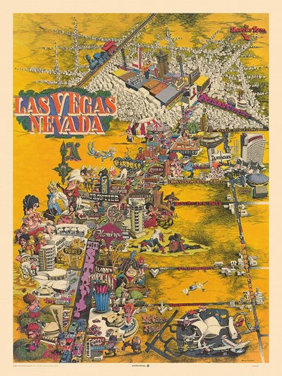 Ancienne carte illustrée de Las Vegas par Hinton, 1970 : le Strip, le Caesars Palace, le Circus Circus, la rue Fremont et le centre des congrès