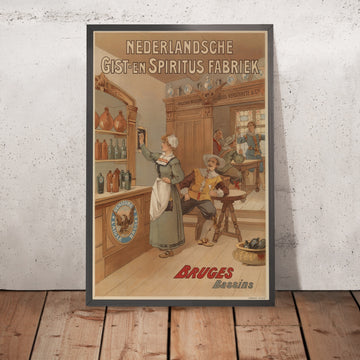 A framed image of Nederlandsche Gist-en Spiritus Fabriek Vintage Genever Poster, 1895