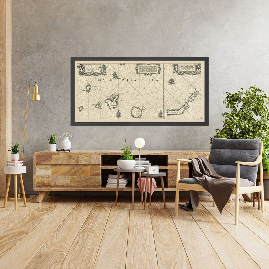 Ancienne carte nautique des îles Canaries par Blaeu, 1608 : Lanzarote, Tenerife, Gran Canaria